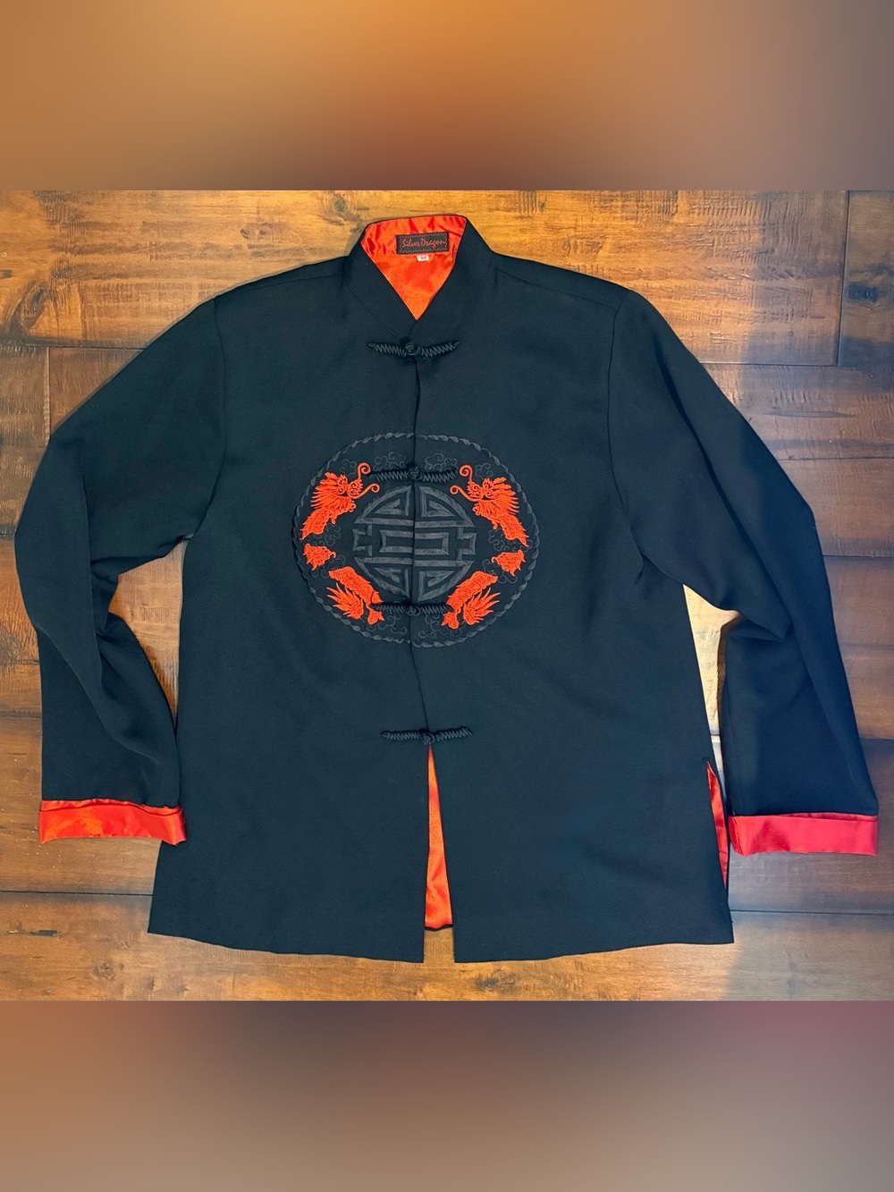 Black & Red Embroidered Mandarin-Style Lightweight Jacket